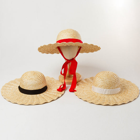 Children's New Shell Type Large Brim Strap Straw Hat