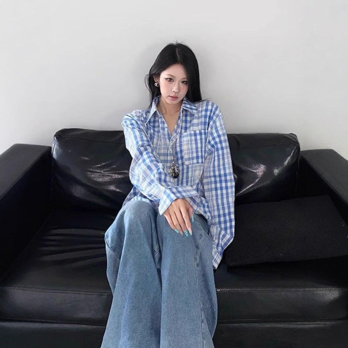 Women's Retro Color-block Loose Long Sleeve Shirt