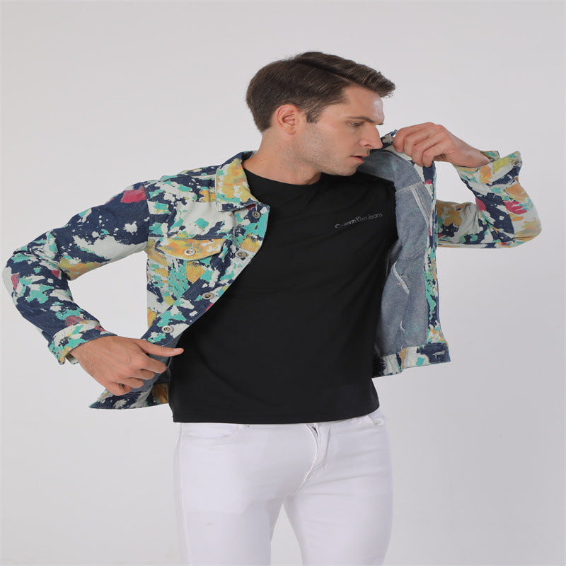 Lapel Denim Camouflage Hand-painted Floral Cloth Long Sleeve Non-elastic Denim Coat Jacket
