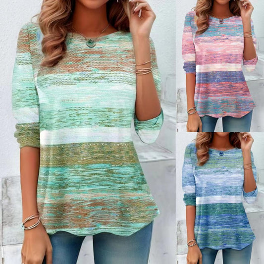 Rundhalset langærmet stribet tie-dye casual top