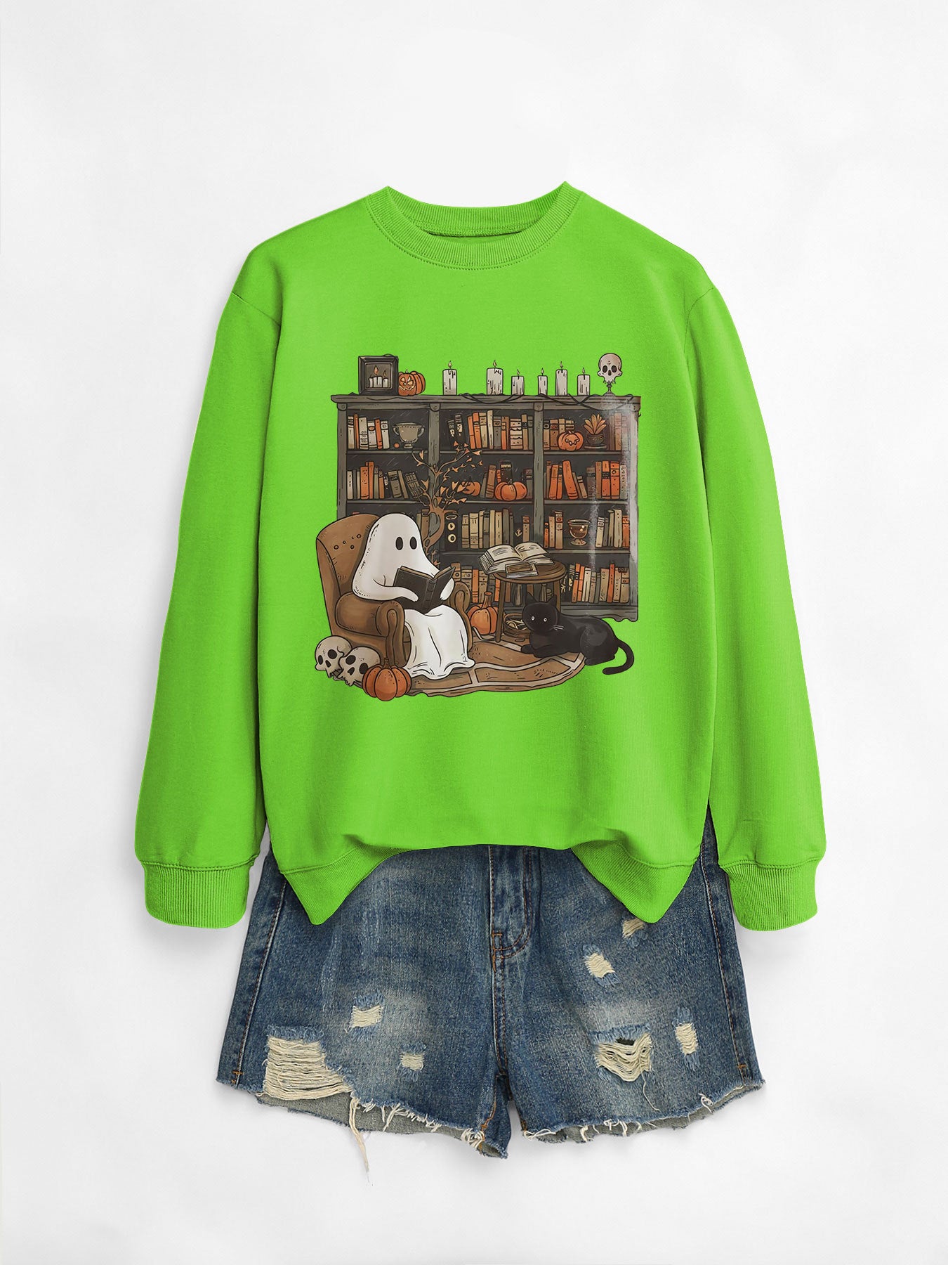 Printed Bookshelf Ghost Black Cat Round Neck Sweater