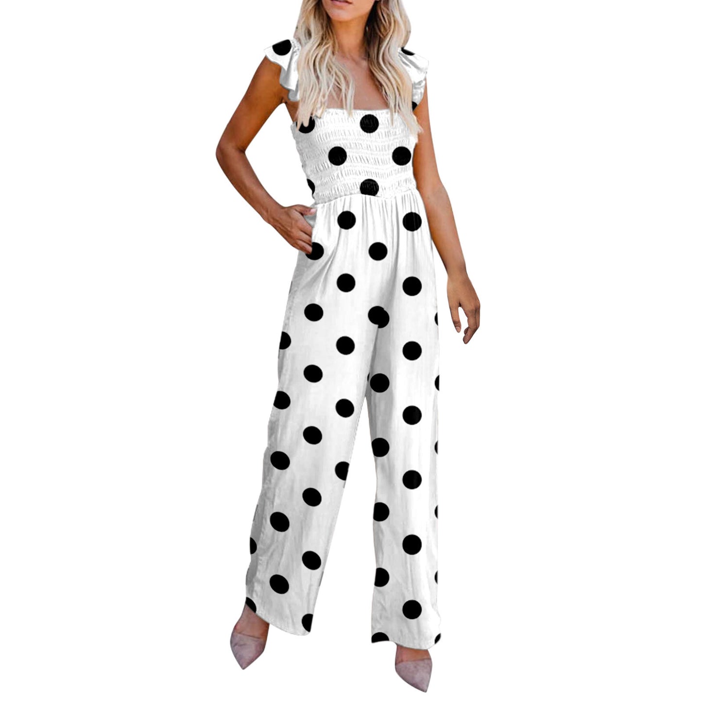 Women's Casual Ruffled Shoulder Straps High Waist Solid Color Wide Leg Jumpsuit