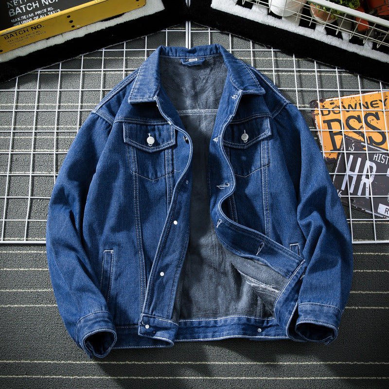 Winter Hong Kong Style Fleece-lined Men's Denim Jacket Warm Coat