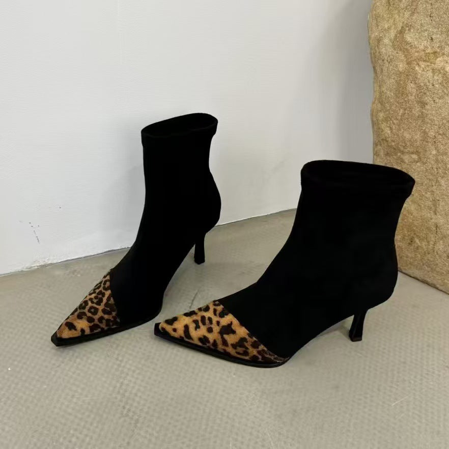 Suede Leopard-print Patchwork Stretch Slim Boots European And American-style Stiletto Short Boots