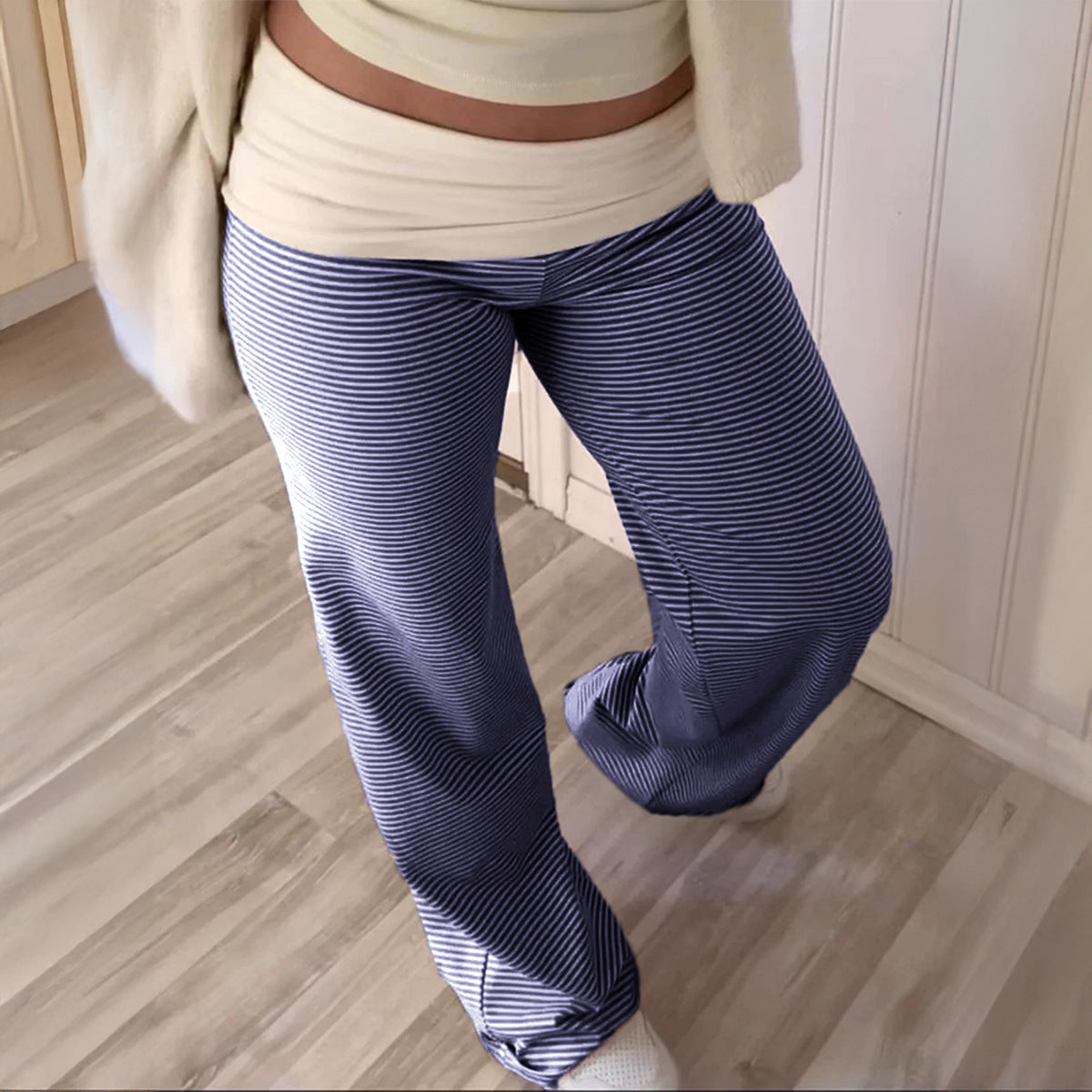 European And American-style Casual Resort Striped Belted Trousers For Women