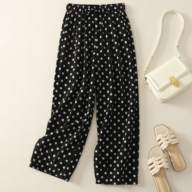 Cotton Hemp Polka Dots Tied Elastic Waist Harem Pants For Women