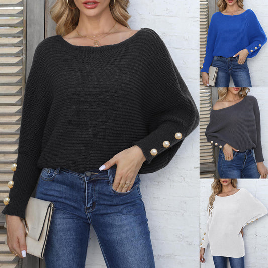 Women's Pearl Button Batwing Sleeve Off-neck Loose Sweater