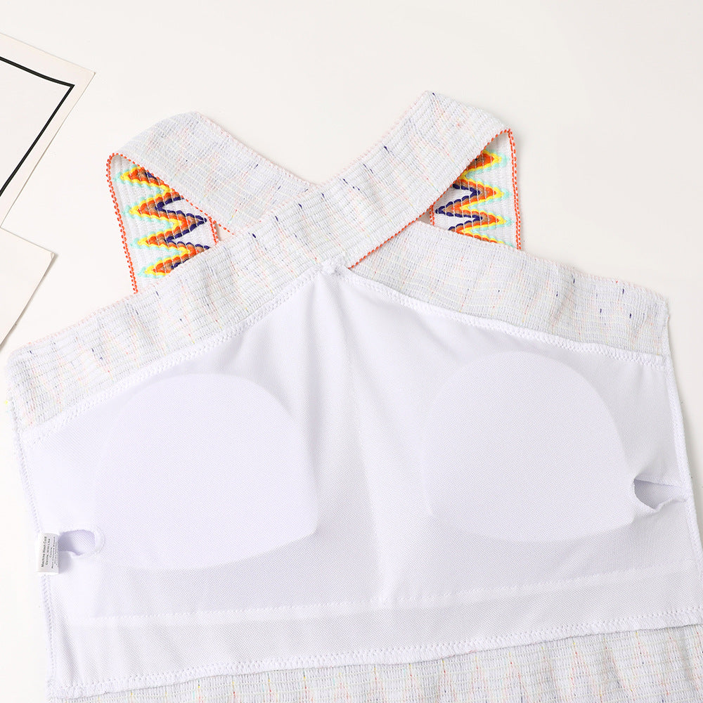 European And American One-piece New Swimsuit Knitted Belt Printed Halter