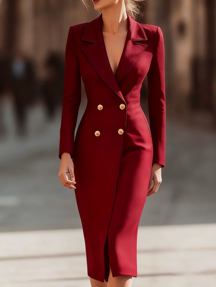 Form-fitting Double-breasted Workwear Suit Dress With A Slit
