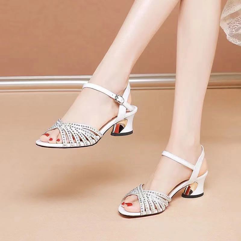 Woven Thin Strap Rhinestone Sandals Women's Chunky Heel