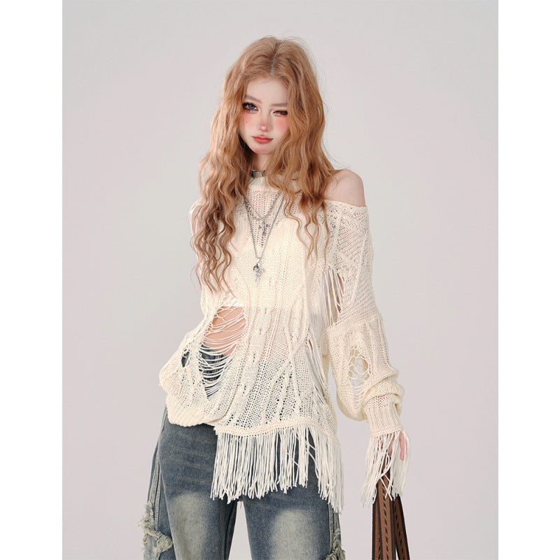 New Relaxed-fit Distressed Openwork Knit Sweater