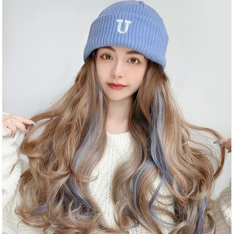 Hat Wig All-in-one Net Red Lady Lifelike Wool Knitted Hat