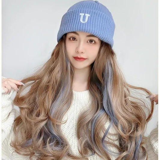 Hat Wig All-in-one Net Red Lady Lifelike Wool Knitted Hat