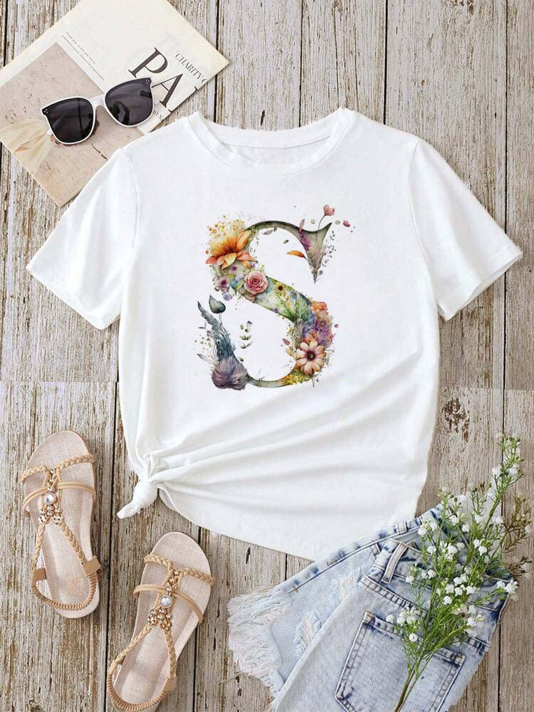 Stylish Womens T-shirt Featuring A Floral Letter Font With The First Letter Of Your Name Short-sleeve Top In White
