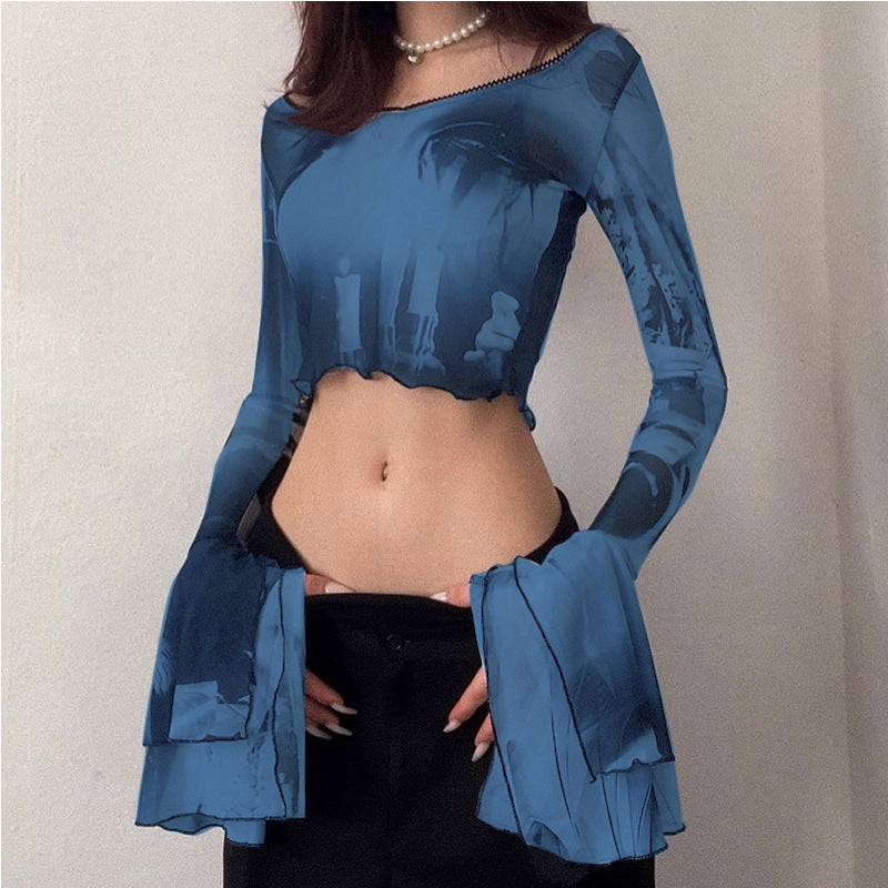 European And American Red Long-sleeved Round Neck Cropped T-shirt