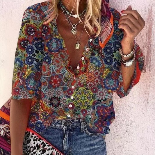 Creative Shading Pattern 3D Printing Home Leisure Short Sleeve V-neck Shirt Women