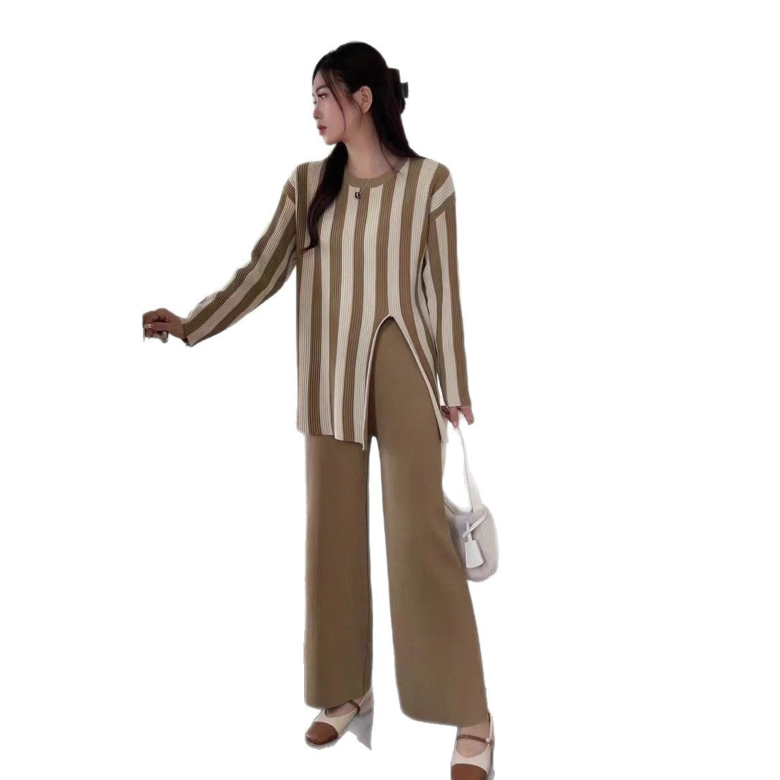 Vertical Stripes Crew Neck Split Knitwear Top High Waist Wide Leg Trousers Fashion Two-piece Suit