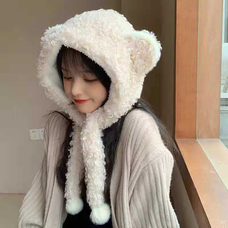 Cute All-match Women's New Warm Bear Hat And Scarf All In One