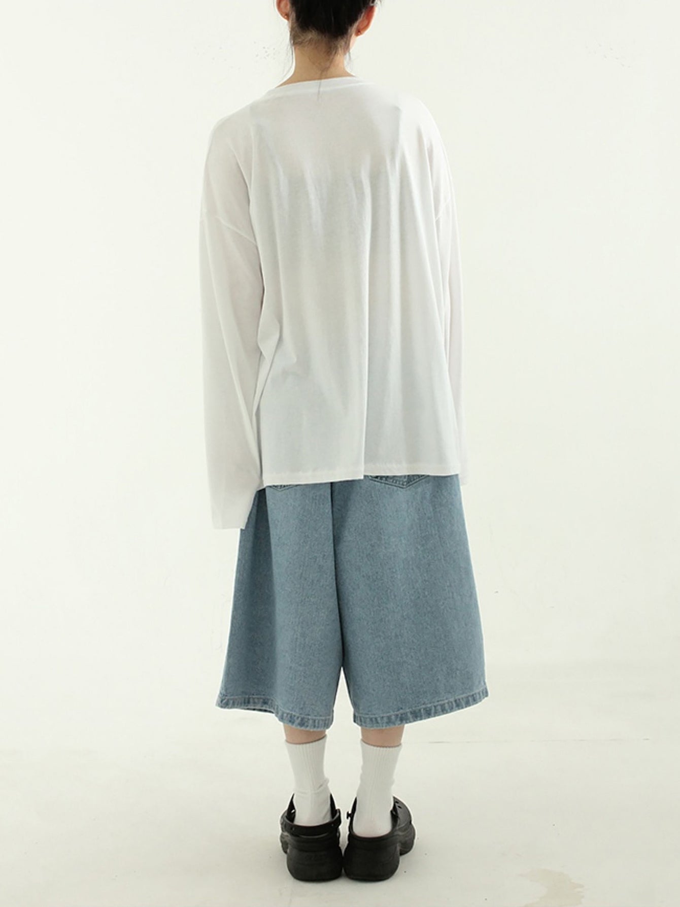 American Retro Denim Cropped Pants Women's Elastic Waist Straight Wide Leg Loose Thin Over The Knee