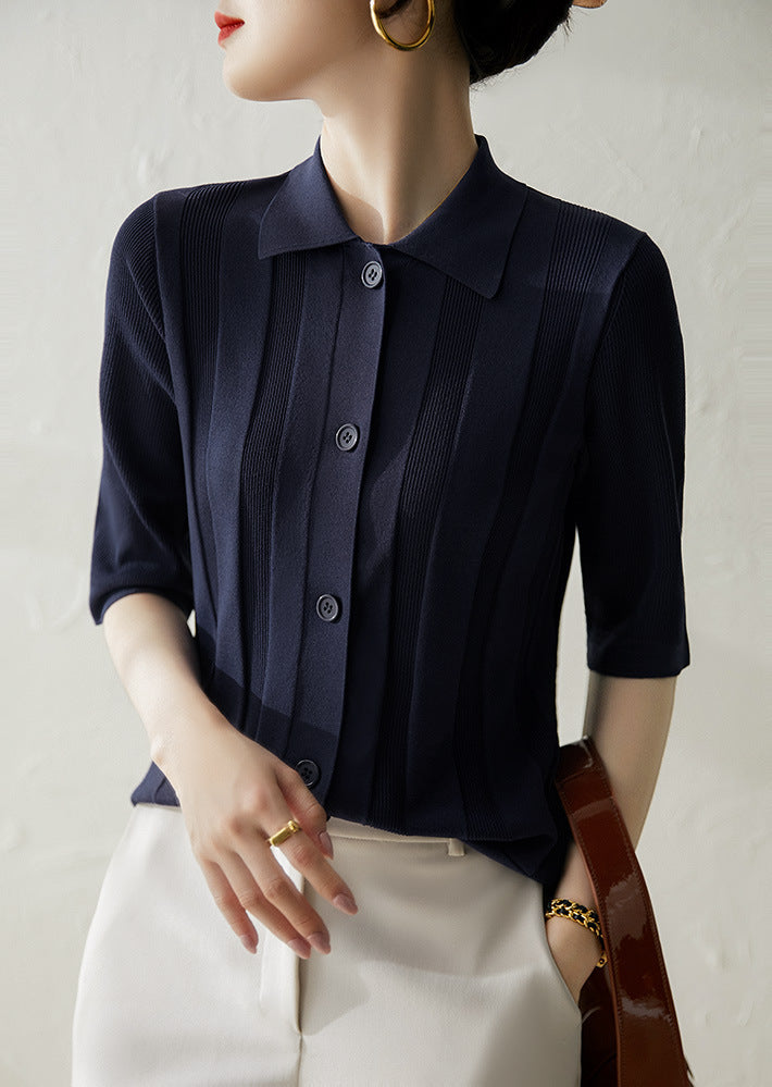 Lapel Mid Sleeve Commuter Knit Cardigan Air Conditioning Shirt
