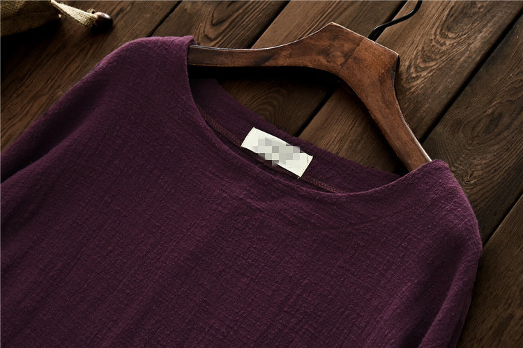 Cotton And Linen Breathable Retro National Long Sleeve Pullover T-shirt