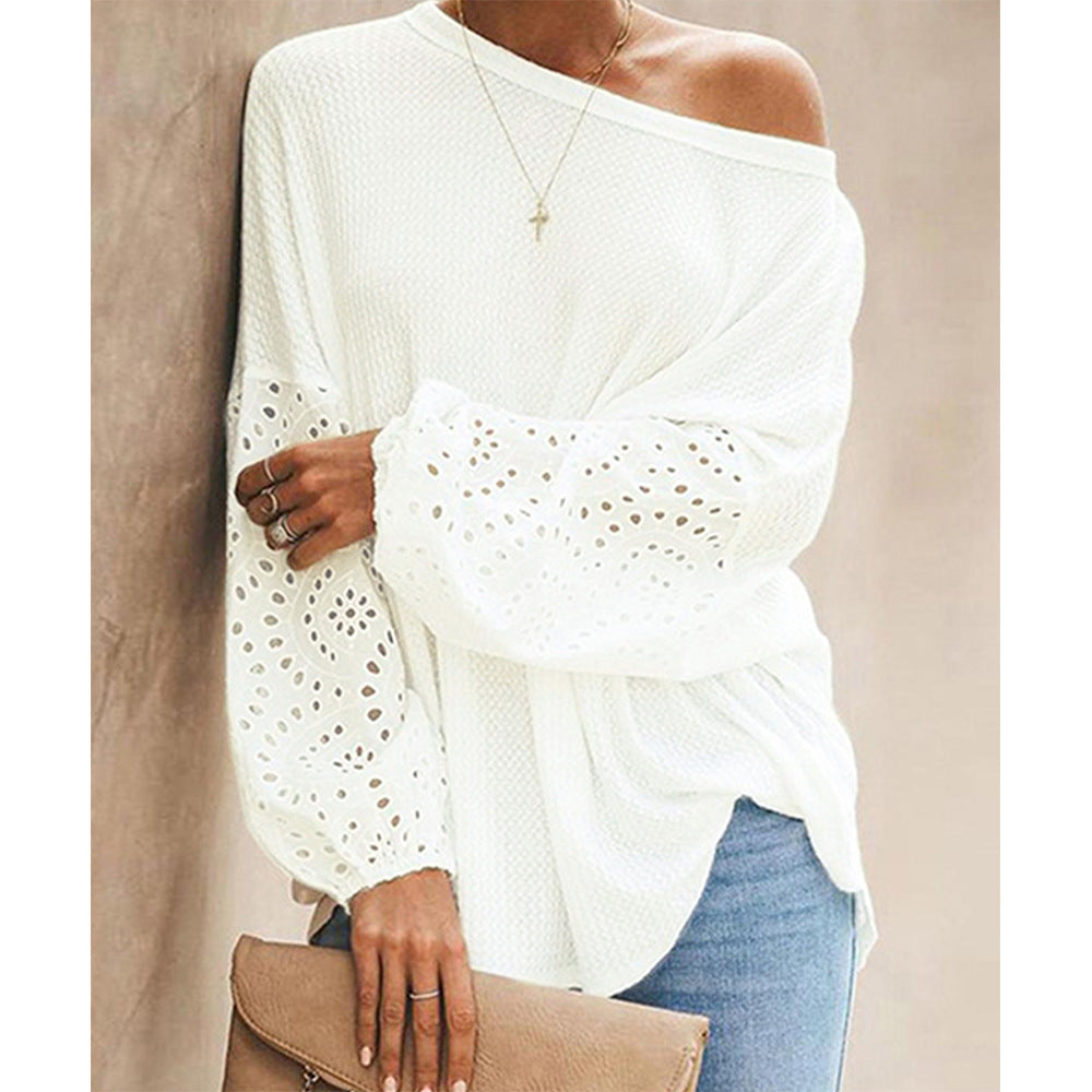 Europæisk og amerikansk løs, diagonal krave, udhulet langærmet off-shoulder top