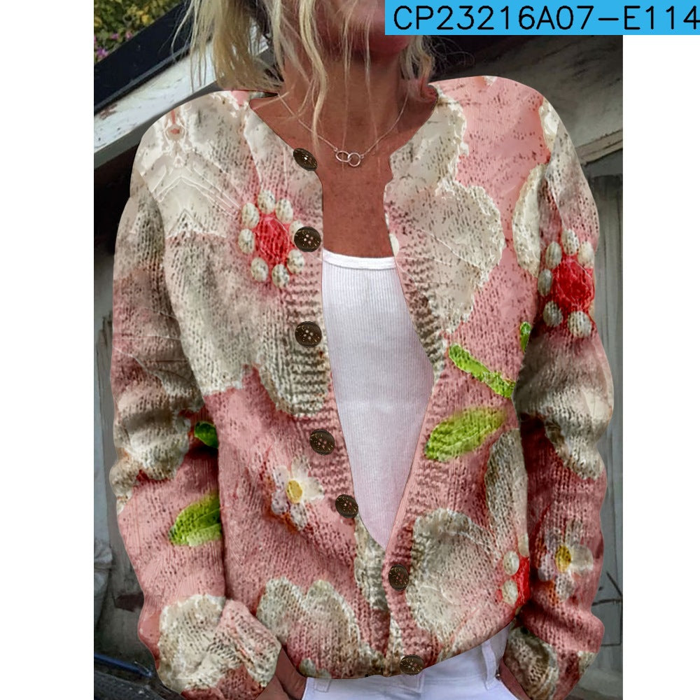 Ny strikket cardigan med 3D-print i løs pasform til damer – efterårs- og vinterstil