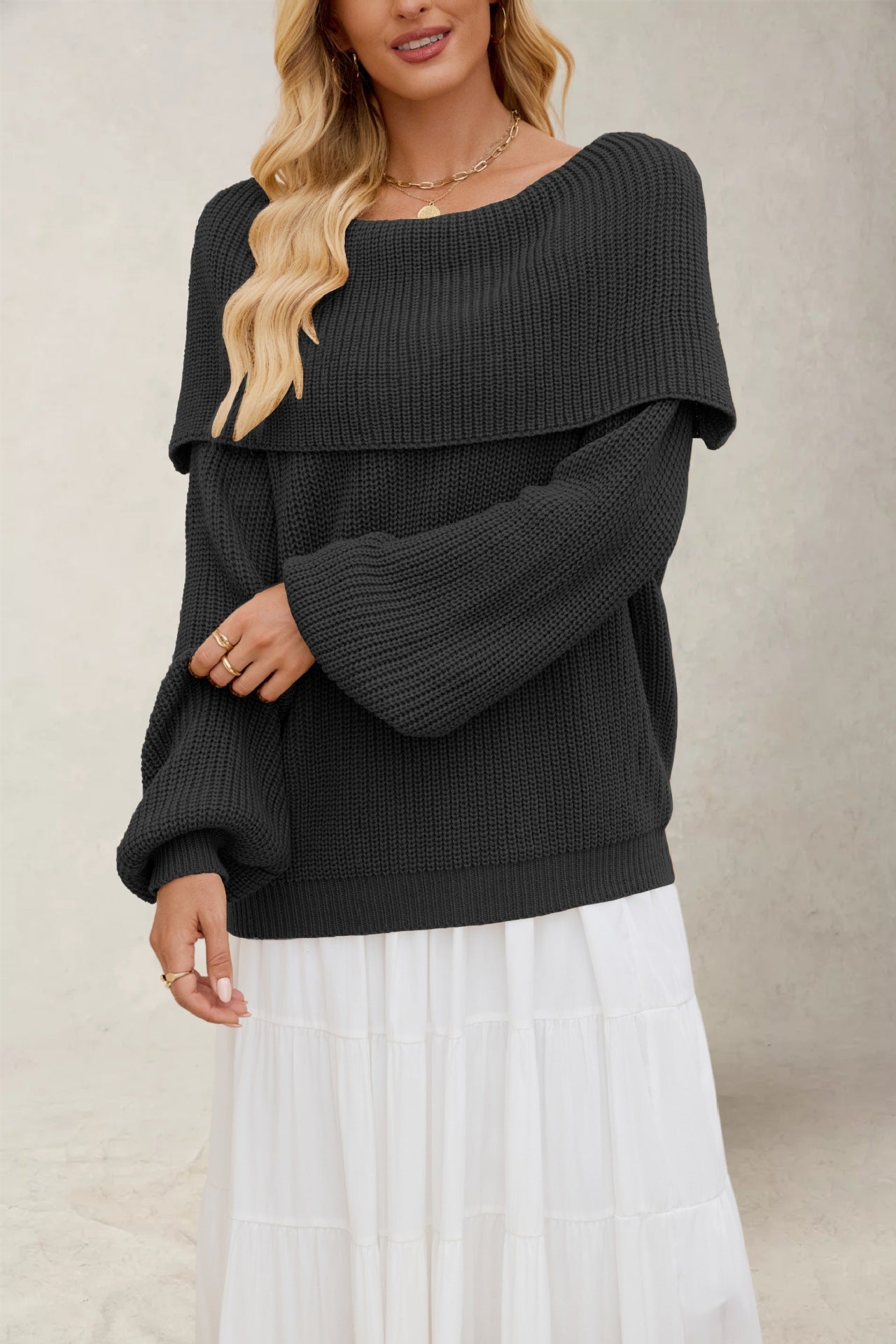 Women's Loose Knit Sweater With Boat Neck