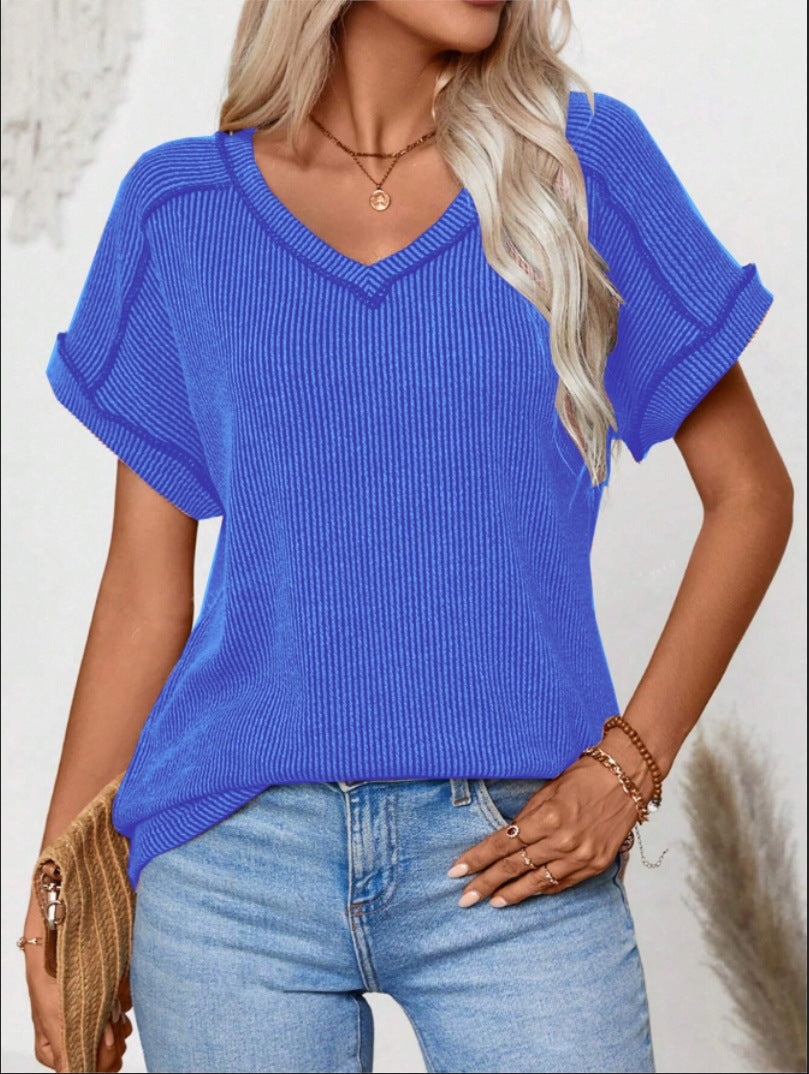 Fashionable Two-tone Twisty Stretch Short-sleeve V-neck Top Women's T-shirt