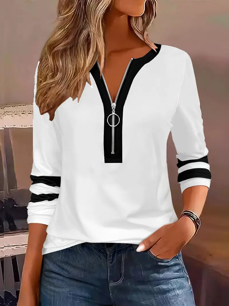 Women's V-collar Contrast Color Striped Loose Zip Long-sleeved T-shirt