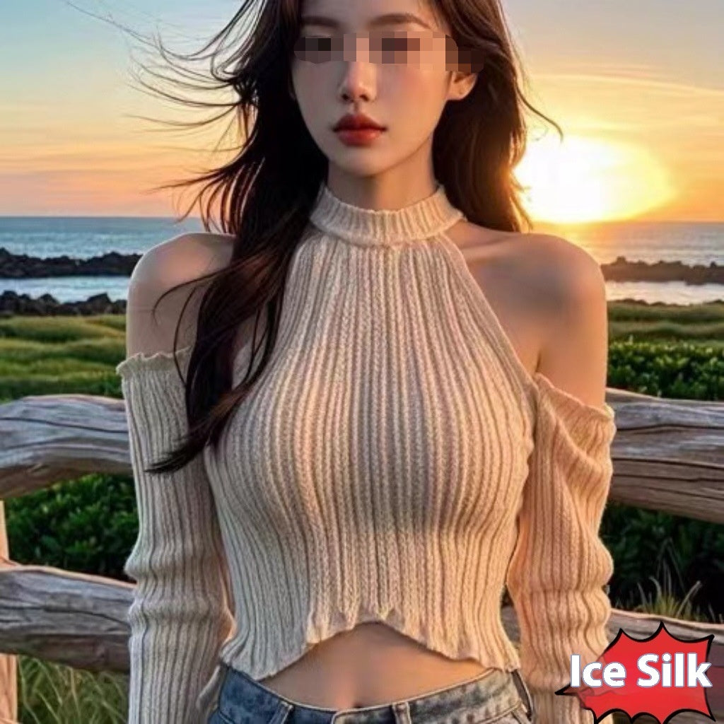 Halter Knitted Scheming Machine Off-the-shoulder Short Sweater