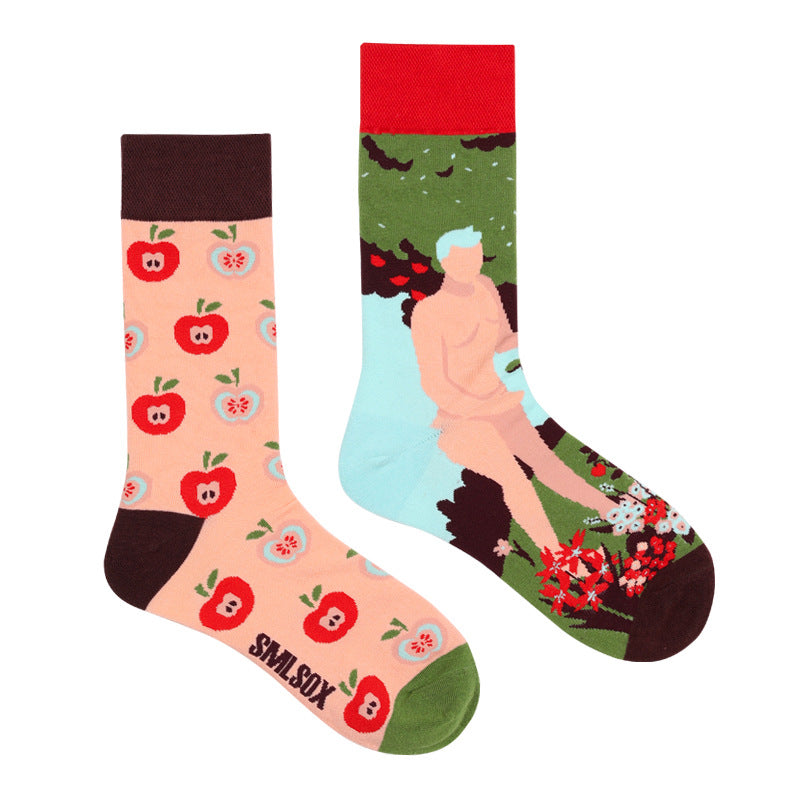 Asymmetrical Color Retro Personality Male And Female Couple Mid-length Cotton Socks
