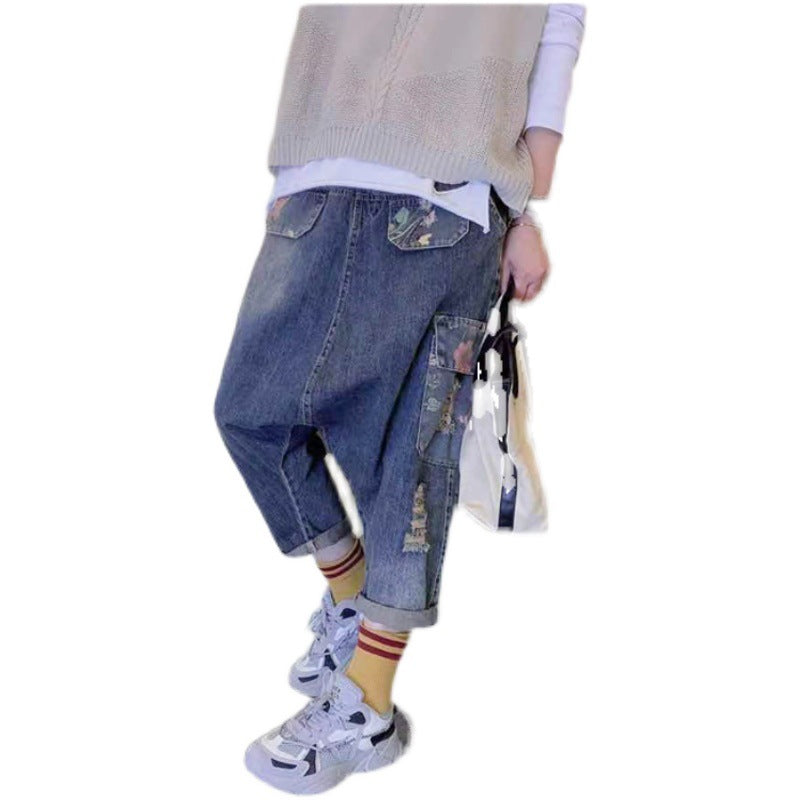 Multi-pocket Ripped Loose High Waist Plus Size Large Crotch Pants