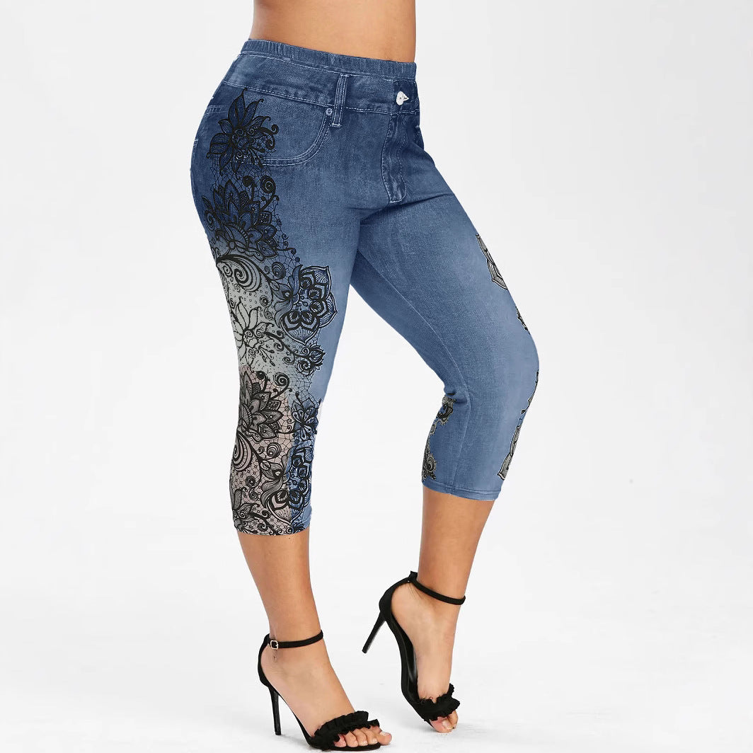 Mid-rise Printed Faux Denim Skinny Cropped Pants
