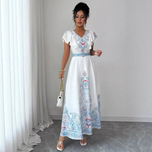 Stand-up Collar Double-breasted Front Lantern Sleeves Printed Long Dress With Lace Trim