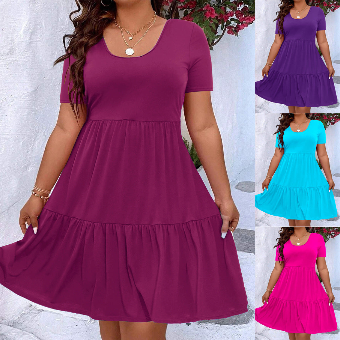 Plus-size Womens Pleated Solid-color Crewneck Dress