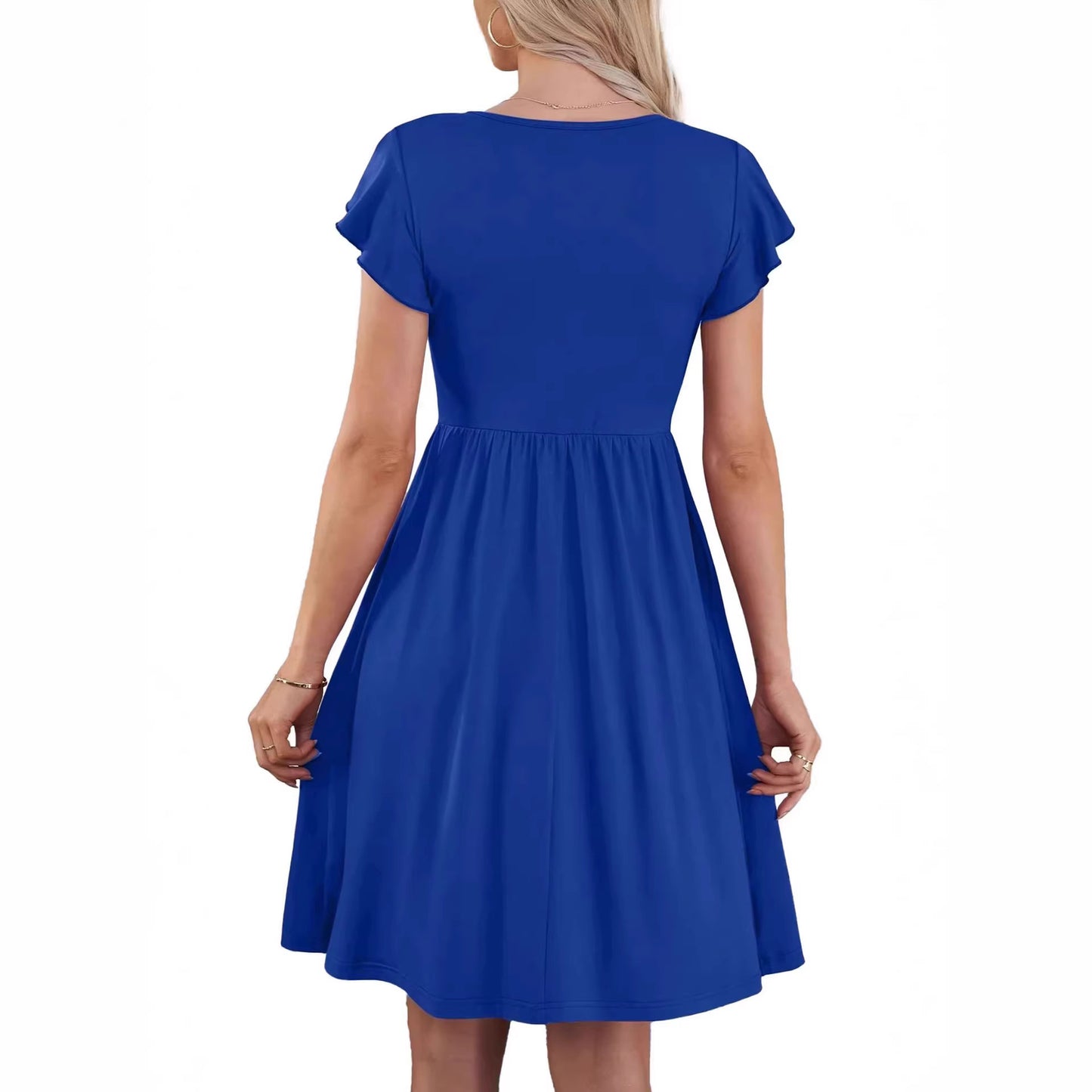 V-neck Solid Color Defined Waist Ruffle Sleeve Womens Fashion Mid-length Dress