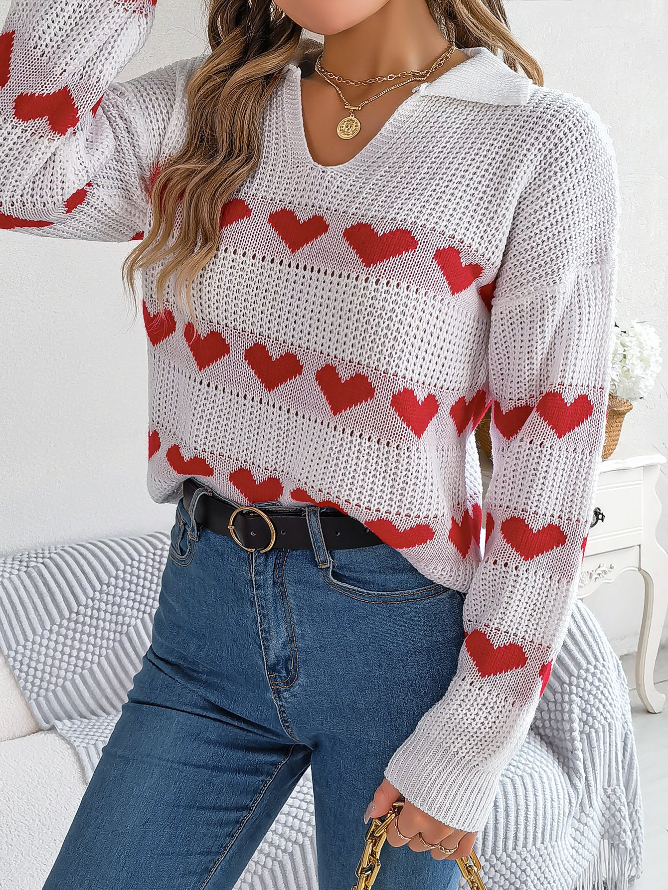 Women Casual V-Neck Lantern Sleeve Color Block Heart Pullover Sweater