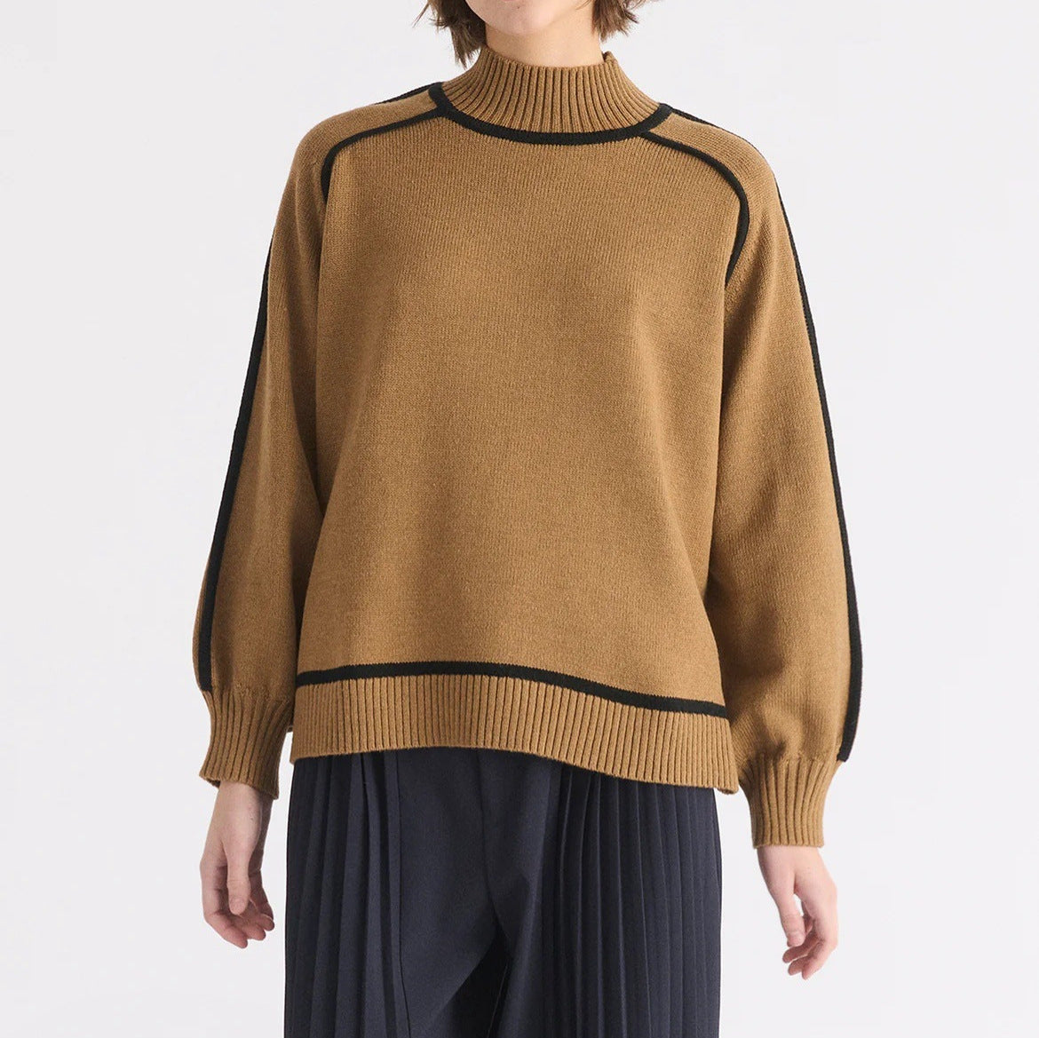 Maillard Autumn And Winter Striped Contrast Color Top For Women