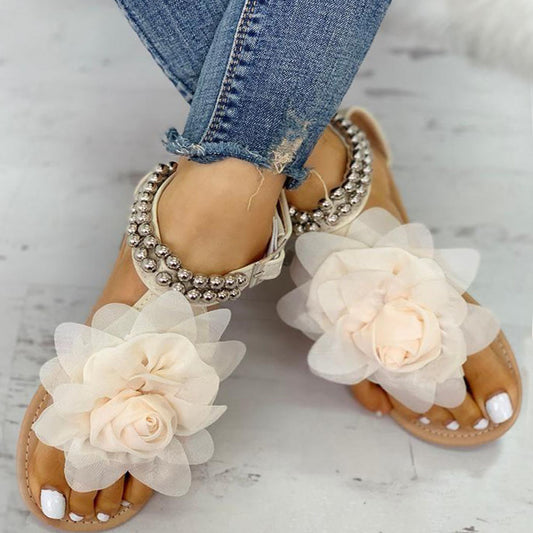 Store flade sandaler med blomster til kvinder Boheme-perlebesatte moderigtige komfortable sandaler