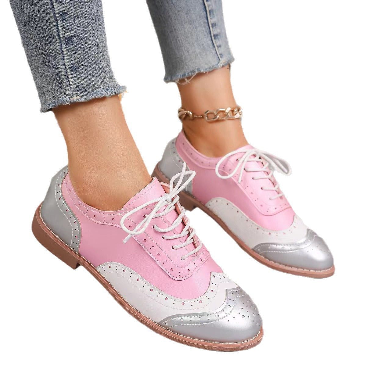 Womens Floral Brocade Pumps In Plus Sizes Color-Block Design With Lace-Up Round Toe