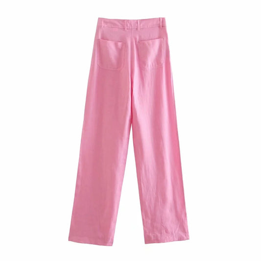 Women's Retro Linen Double Pocket High Waist Wide Leg Pants