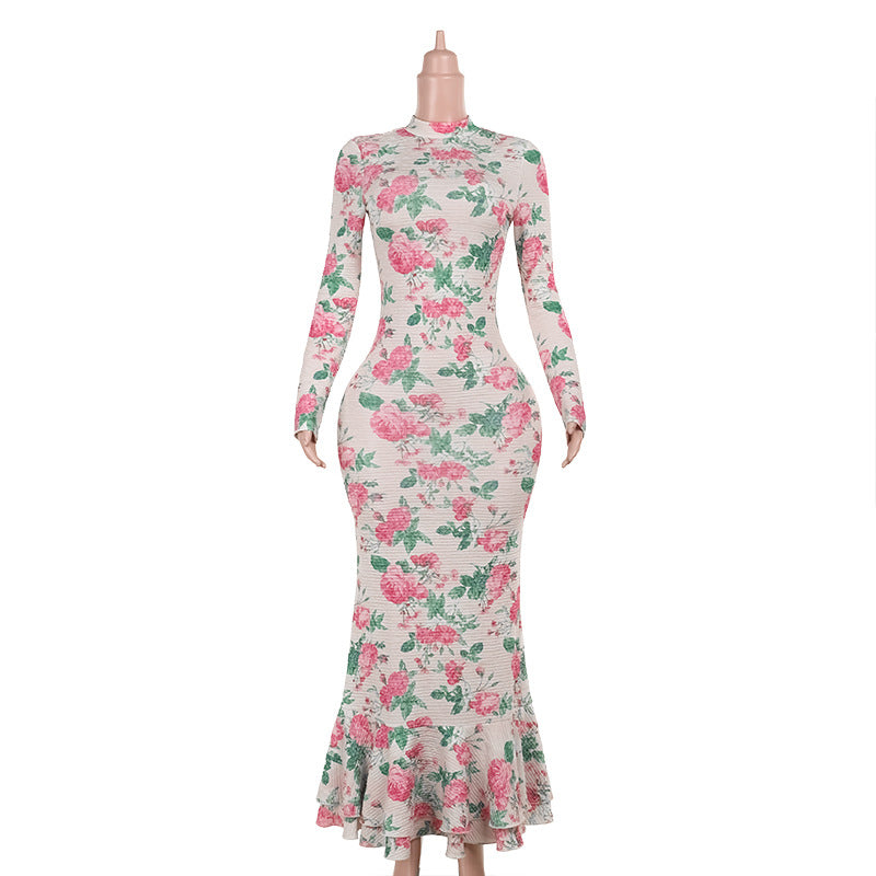 YJ24427 Elegant Long-Sleeved Slim-Fit Long Printed Dress