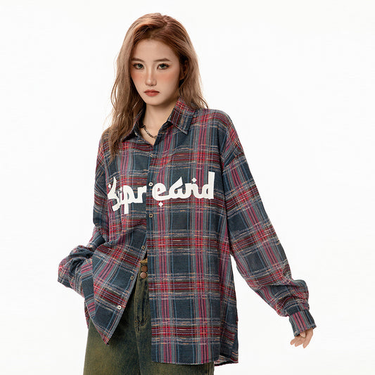 Color-contrast Check Letter Printed Long Sleeve Shirt
