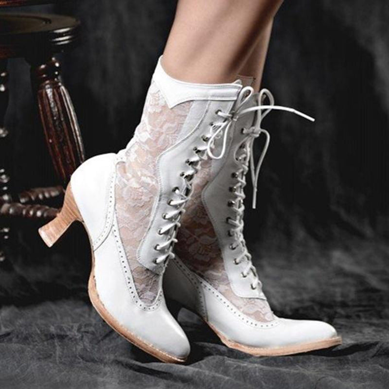 British Style Lace-paneled Boots With Front Lace-up