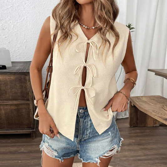 Casual Lace Up Bow Knitted Sleeveless Waistcoat Vest
