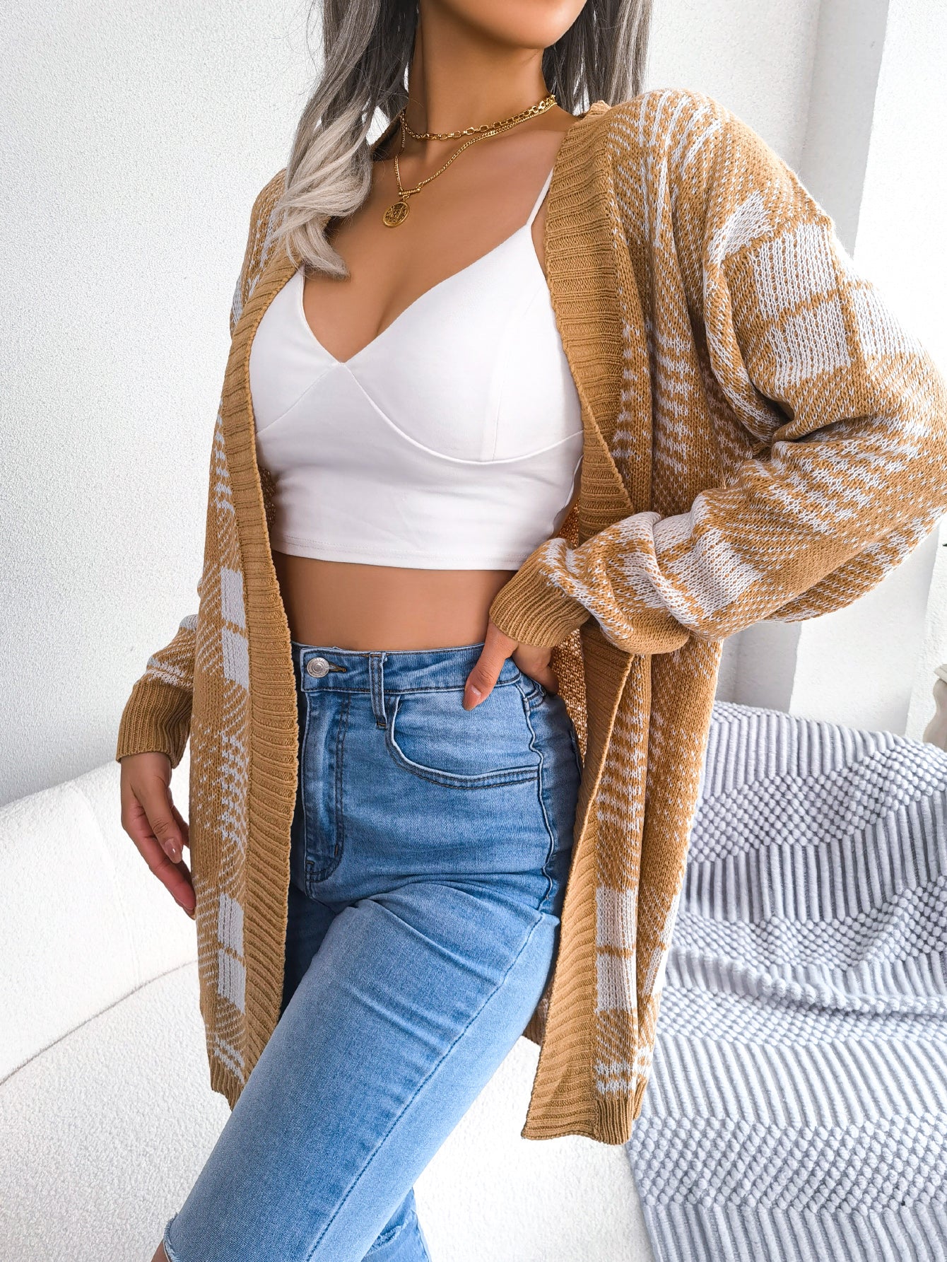 Women Plaid Tie Lantern Sleeve Casual Cardigan Sweater