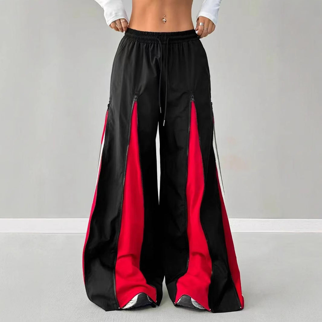 Women's Contrast Color Bell-bottom Pants-black And Red Casual Elastic Waist