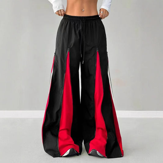 Women's Contrast Color Bell-bottom Pants-black And Red Casual Elastic Waist