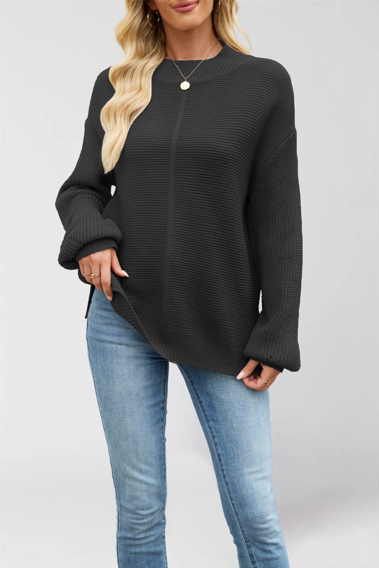 Knitted Solid Color Half Collar Loose Pullover New Sweater